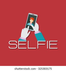 Taking Selfie Photo on Smart Phone or Tablet concept logo or icon. 
Hipster Flat design for web sites and infographic design.
Vector Illustration. 
Touch icon, hand with pressed finger.