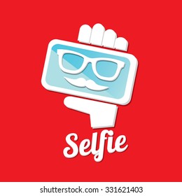 Taking Selfie Photo on Smart Phone concept icon on red background. vector illustration