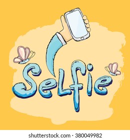 Taking Selfie Photo on Smart Phone concept. vector doodle style illustration