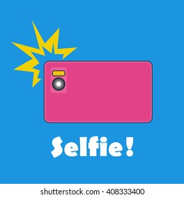 Taking Selfie Photo on Smart Phone concept banner. Vector illustration of  glamor pink smartphone on solid blue background.