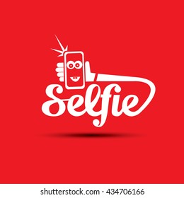Taking Selfie Photo on Smart Phone concept icon set. Selfie label. Selfie badge.Selfie calligraphic text isolated on red background