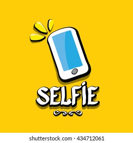 Taking Selfie Photo on Smart Phone creative concept image. vector selfie sign isolated on orange. Summer selfie photo. Selfie cartoon text