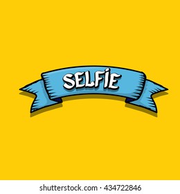 Taking Selfie Photo on Smart Phone creative concept image. vector selfie sign isolated on orange. Summer selfie photo. Selfie cartoon text
