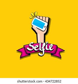 Taking Selfie Photo on Smart Phone creative concept image. vector selfie sign isolated on orange. Summer selfie photo. Selfie cartoon text