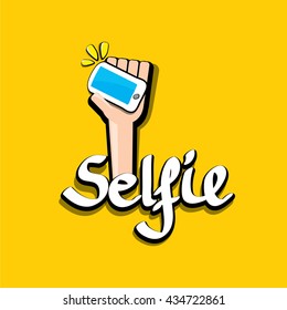 Taking Selfie Photo on Smart Phone creative concept image. vector selfie sign isolated on orange. Summer selfie photo. Selfie cartoon text
