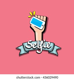 Taking Selfie Photo on Smart Phone creative concept image. Summer selfie photo. Selfie cartoon text