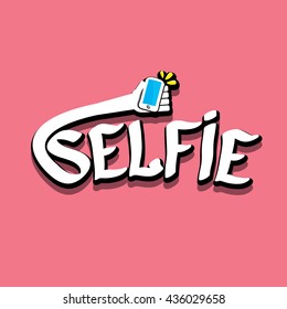 Taking Selfie Photo on Smart Phone creative concept image. Summer selfie photo. Selfie cartoon text