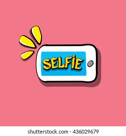 Taking Selfie Photo on Smart Phone creative concept image. Summer selfie photo. Selfie cartoon text