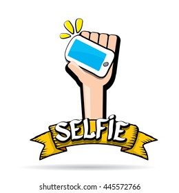 Taking Selfie Photo on Smart Phone creative concept vector illustration.. Summer selfie photo. Selfie cartoon text. Selfie icon isolated on white. selfie label