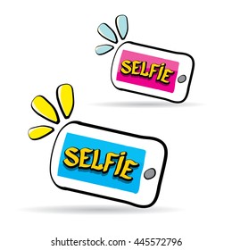 Taking Selfie Photo on Smart Phone creative concept vector illustration.. Summer selfie photo. Selfie cartoon text. Selfie icon isolated on white. selfie label