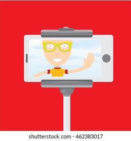 Taking Selfie Photo on Smart Phone with monopod concept. vector illustration. summer selfie background