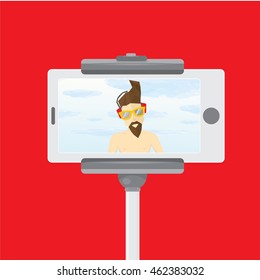 Taking Selfie Photo on Smart Phone with monopod concept. vector illustration. summer selfie background