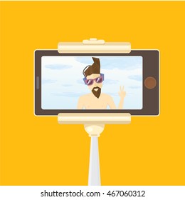 Taking Selfie Photo on Smart Phone with mono pod concept. vector illustration. summer selfie background