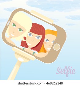Taking Selfie Photo on Smart Phone concept icon. selfie cartoon people vector illustration. vector selfie stick with young happy beauty girl