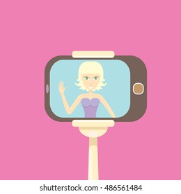 Taking Selfie Photo on Smart Phone concept icon. selfie cartoon people vector illustration. vector selfie stick with young happy beauty girl