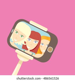 Taking Selfie Photo on Smart Phone concept icon. selfie cartoon people vector illustration. vector selfie stick with young happy beauty girl