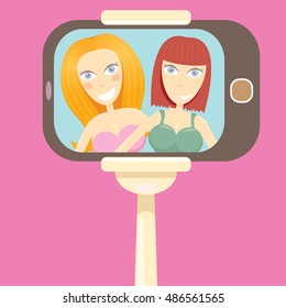 Taking Selfie Photo on Smart Phone concept icon. selfie cartoon people vector illustration. vector selfie stick with young happy beauty girl