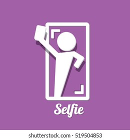 Taking Selfie Photo on Smart Phone concept icon set. vector Selfie label or Selfie badge on violet background