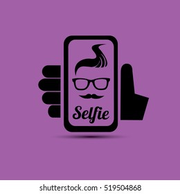 Taking Selfie Photo on Smart Phone concept icon set. vector Selfie label or Selfie badge on violet background