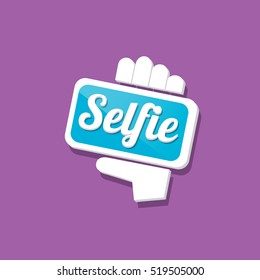 Taking Selfie Photo on Smart Phone concept icon set. vector Selfie label or Selfie badge on violet background