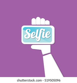 Taking Selfie Photo on Smart Phone concept icon set. vector Selfie label or Selfie badge on violet background