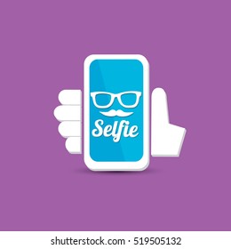 Taking Selfie Photo on Smart Phone concept icon set. vector Selfie label or Selfie badge on violet background