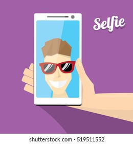 Taking Selfie Photo on Smart Phone concept icon set. vector Selfie label or Selfie badge on violet background