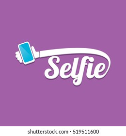 Taking Selfie Photo on Smart Phone concept icon set. vector Selfie label or Selfie badge on violet background