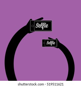 Taking Selfie Photo On Smart Phone Concept Icon Set. Vector Selfie Label Or Selfie Badge On Violet Background