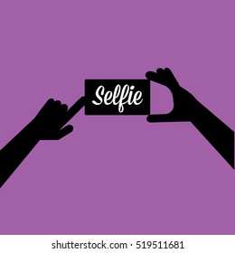 Taking Selfie Photo On Smart Phone Concept Icon Set. Vector Selfie Label Or Selfie Badge On Violet Background