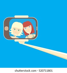 Taking Selfie Photo on Smart Phone concept icon. selfie cartoon people vector illustration. vector selfie stick with young happy beauty girl
