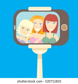 Taking Selfie Photo on Smart Phone concept icon. selfie cartoon people vector illustration. vector selfie stick with young happy beauty girl