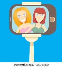 Taking Selfie Photo on Smart Phone concept icon. selfie cartoon people vector illustration. vector selfie stick with young happy beauty girl
