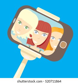 Taking Selfie Photo on Smart Phone concept icon. selfie cartoon people vector illustration. vector selfie stick with young happy beauty girl
