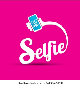 Taking Selfie Photo on Smart Phone concept icon set. vector Selfie label or Selfie badge on pink background