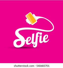 Taking Selfie Photo on Smart Phone concept icon set. vector Selfie label or Selfie badge on pink background