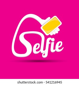Taking Selfie Photo on Smart Phone concept icon set. vector Selfie label or Selfie badge on pink background