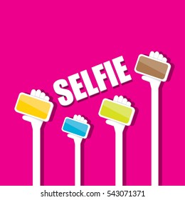 Taking Selfie Photo on Smart Phone concept icon set. vector Selfie label or Selfie badge on pink background