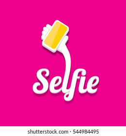 Taking Selfie Photo on Smart Phone concept icon. vector Selfie label or Selfie badge on pink background