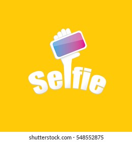 Taking Selfie Photo on Smart Phone concept creative icon. vector Selfie label or Selfie badge on orange background