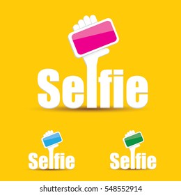 Taking Selfie Photo on Smart Phone concept creative icon. vector Selfie label or Selfie badge on orange background
