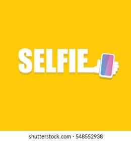 Taking Selfie Photo on Smart Phone concept creative icon. vector Selfie label or Selfie badge on orange background