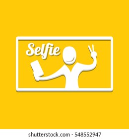 Taking Selfie Photo on Smart Phone concept creative icon. vector Selfie label or Selfie badge on orange background
