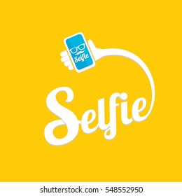 Taking Selfie Photo on Smart Phone concept creative icon. vector Selfie label or Selfie badge on orange background