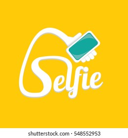 Taking Selfie Photo on Smart Phone concept creative icon. vector Selfie label or Selfie badge on orange background