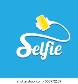 Taking Selfie Photo on Smart Phone concept creative icon. vector Selfie label or Selfie badge on blue background