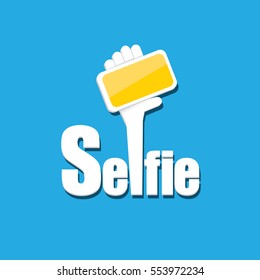 Taking Selfie Photo on Smart Phone concept creative icon. vector Selfie label or Selfie badge on blue background