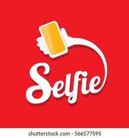 Taking Selfie Photo on Smart Phone concept creative icon. vector Selfie label or Selfie badge on red background