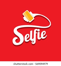 Taking Selfie Photo on Smart Phone concept creative icon. vector Selfie label or Selfie badge on red background