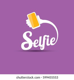 Taking Selfie Photo on Smart Phone concept creative icon. vector Selfie label or Selfie badge on violet background